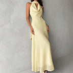 Yellow A-Line Halter Cowl Neck Flowy Sophisticated Pale Floor-Length Prom Dress