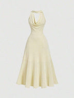 Yellow A-Line Halter Cowl Neck Flowy Sophisticated Pale Floor-Length Prom Dress