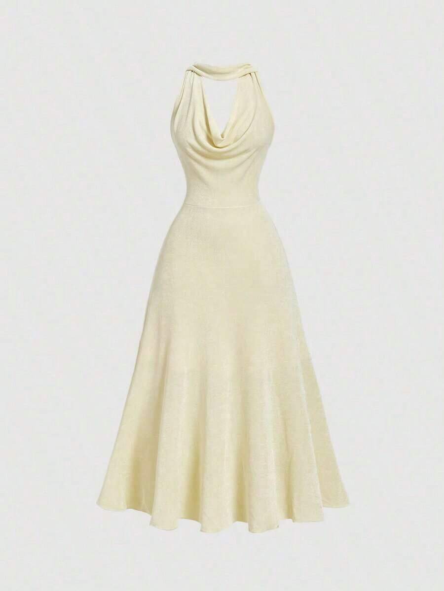 Yellow A-Line Halter Cowl Neck Flowy Sophisticated Pale Floor-Length Prom Dress