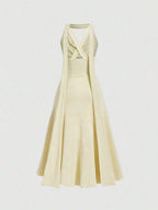 Yellow A-Line Halter Cowl Neck Flowy Sophisticated Pale Floor-Length Prom Dress