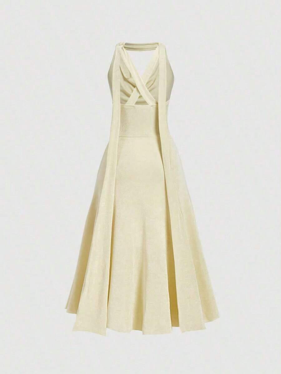 Yellow A-Line Halter Cowl Neck Flowy Sophisticated Pale Floor-Length Prom Dress
