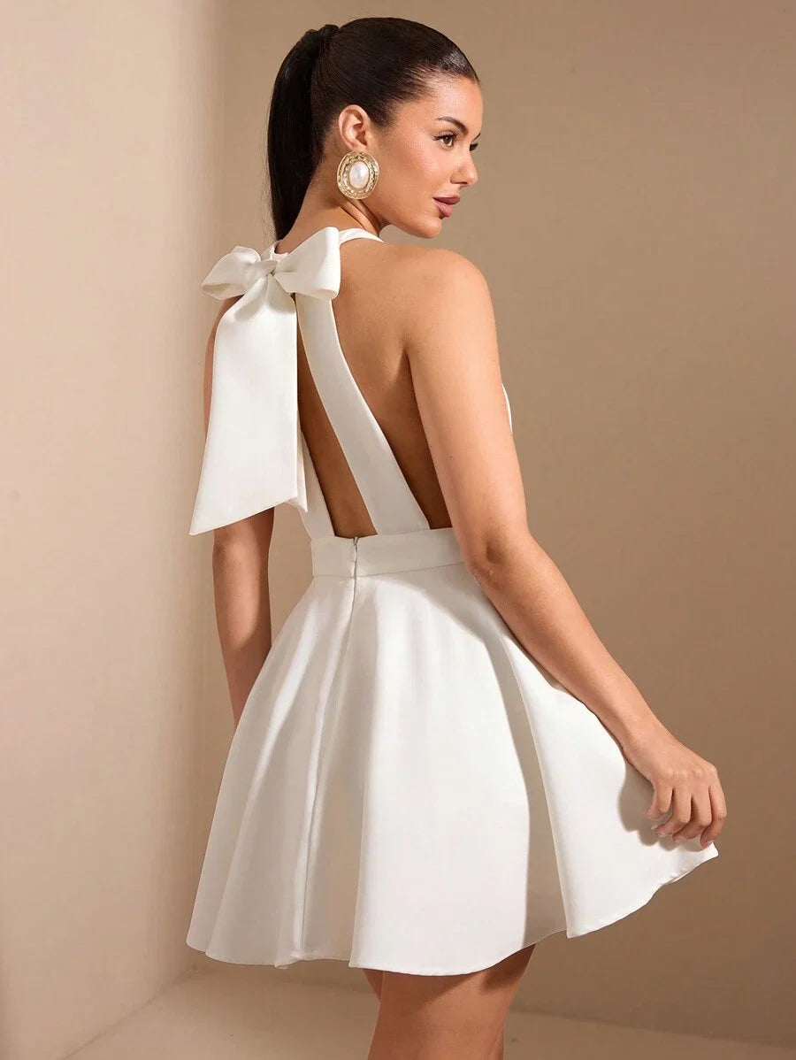 White A-Line Halter Open Back Short Homecoming Dress With Bow