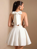 White A-Line Halter Open Back Short Homecoming Dress With Bow