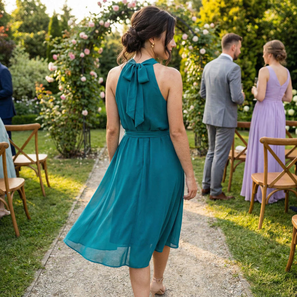 Teal A-Line Halter Pleated Tie-Back Knee-Length Homecoming Dress
