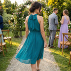 Teal A-Line Halter Pleated Tie-Back Knee-Length Homecoming Dress