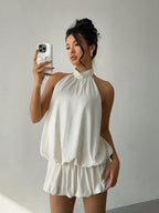 Ivory A-Line Halter Ruched Backless Mini Homecoming Dress With Bubble Hem