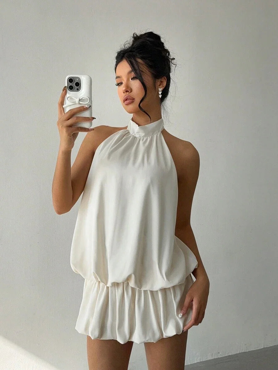 Ivory A-Line Halter Ruched Backless Mini Homecoming Dress With Bubble Hem