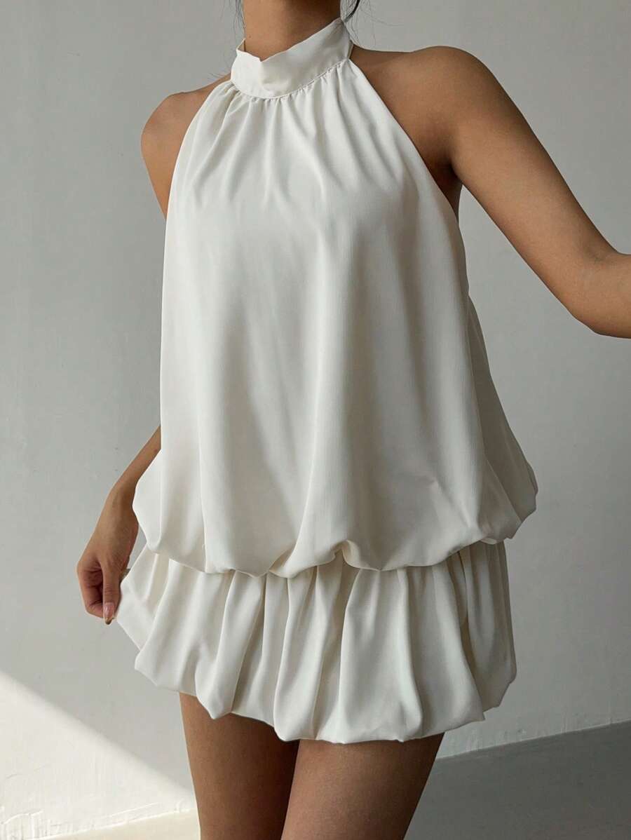 Ivory A-Line Halter Ruched Backless Mini Homecoming Dress With Bubble Hem