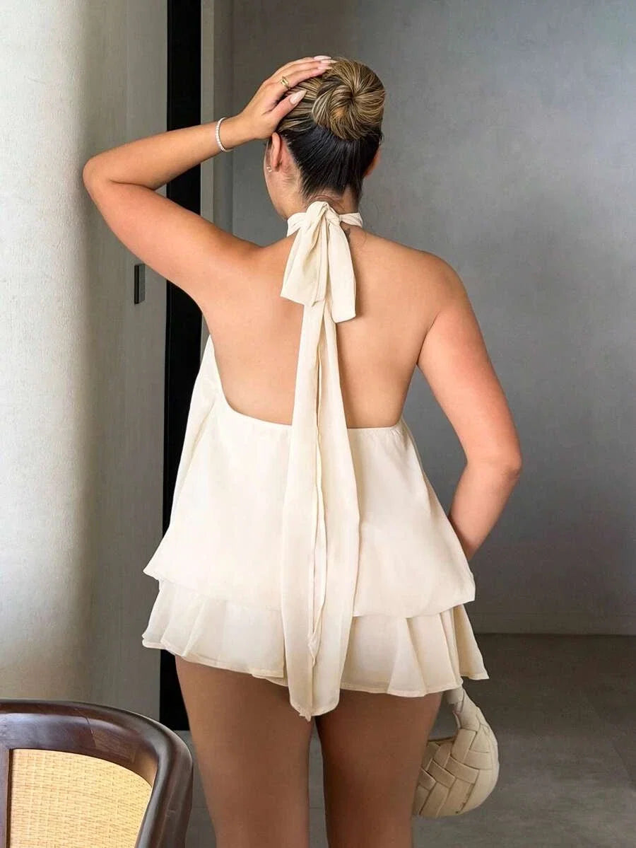 Cream A-Line Halter Ruffled Tie Cream Short Homecoming Dresses