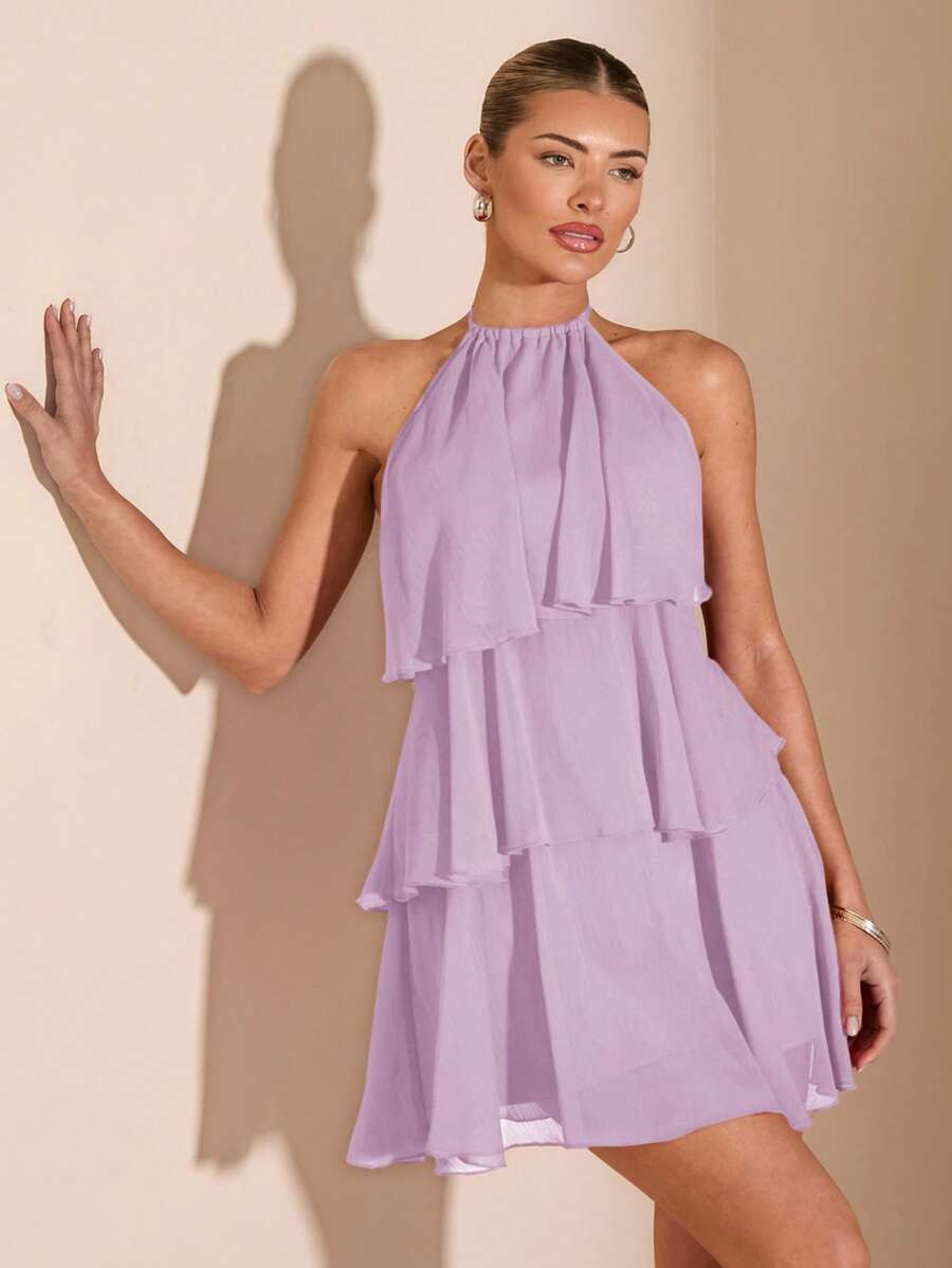 Lilac A-Line Halter Tie Ruffle Backless Lilac Mini Homecoming Dress