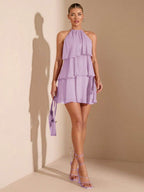 Lilac A-Line Halter Tie Ruffle Backless Lilac Mini Homecoming Dress