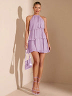 Lilac A-Line Halter Tie Ruffle Backless Lilac Mini Homecoming Dress