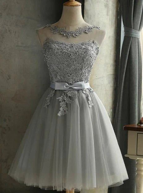Grey A-Line Illusion Neck Short Homecoming Dress With Appliques