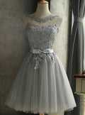 Grey A-Line Illusion Neck Short Homecoming Dress With Appliques