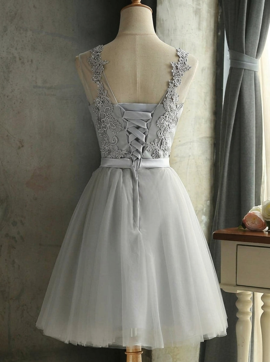 Grey A-Line Illusion Neck Short Homecoming Dress With Appliques