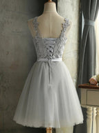 Grey A-Line Illusion Neck Short Homecoming Dress With Appliques