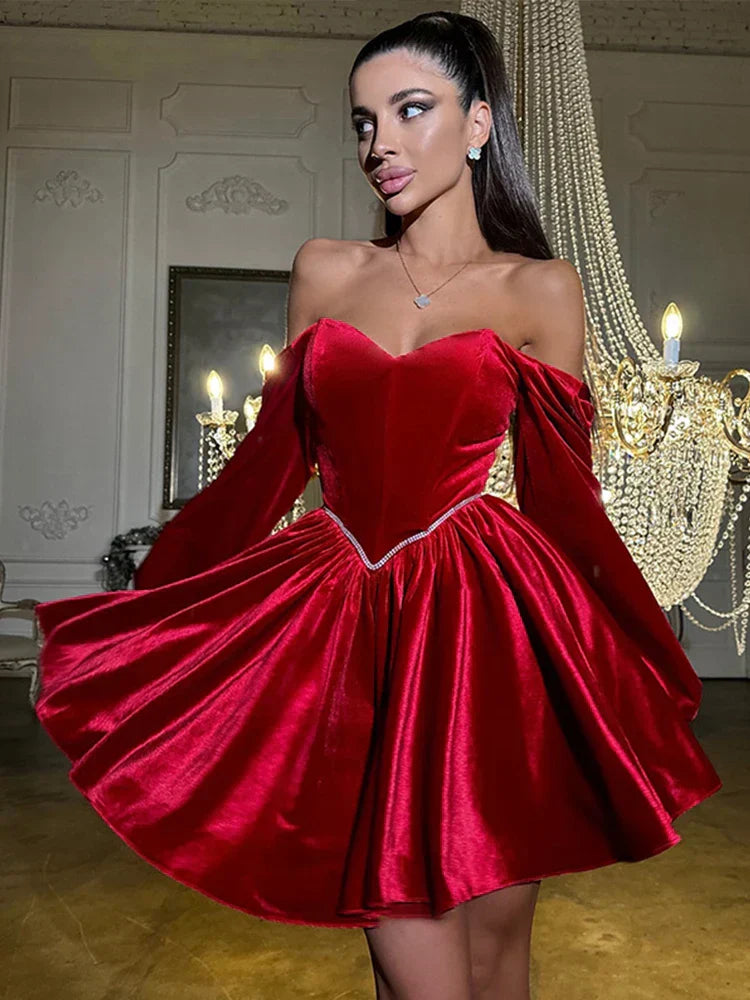 Red A-Line Off-Shoulder Long Sleeves Beaded Short Homecoming Dresses