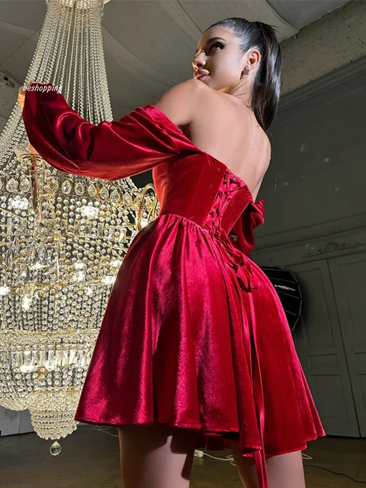 Red A-Line Off-Shoulder Long Sleeves Beaded Short Homecoming Dresses