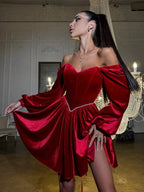 Red A-Line Off-Shoulder Long Sleeves Beaded Short Homecoming Dresses
