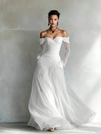 White A-Line Off-Shoulder Long Sleeves Ruched Floor-Length Prom Dress