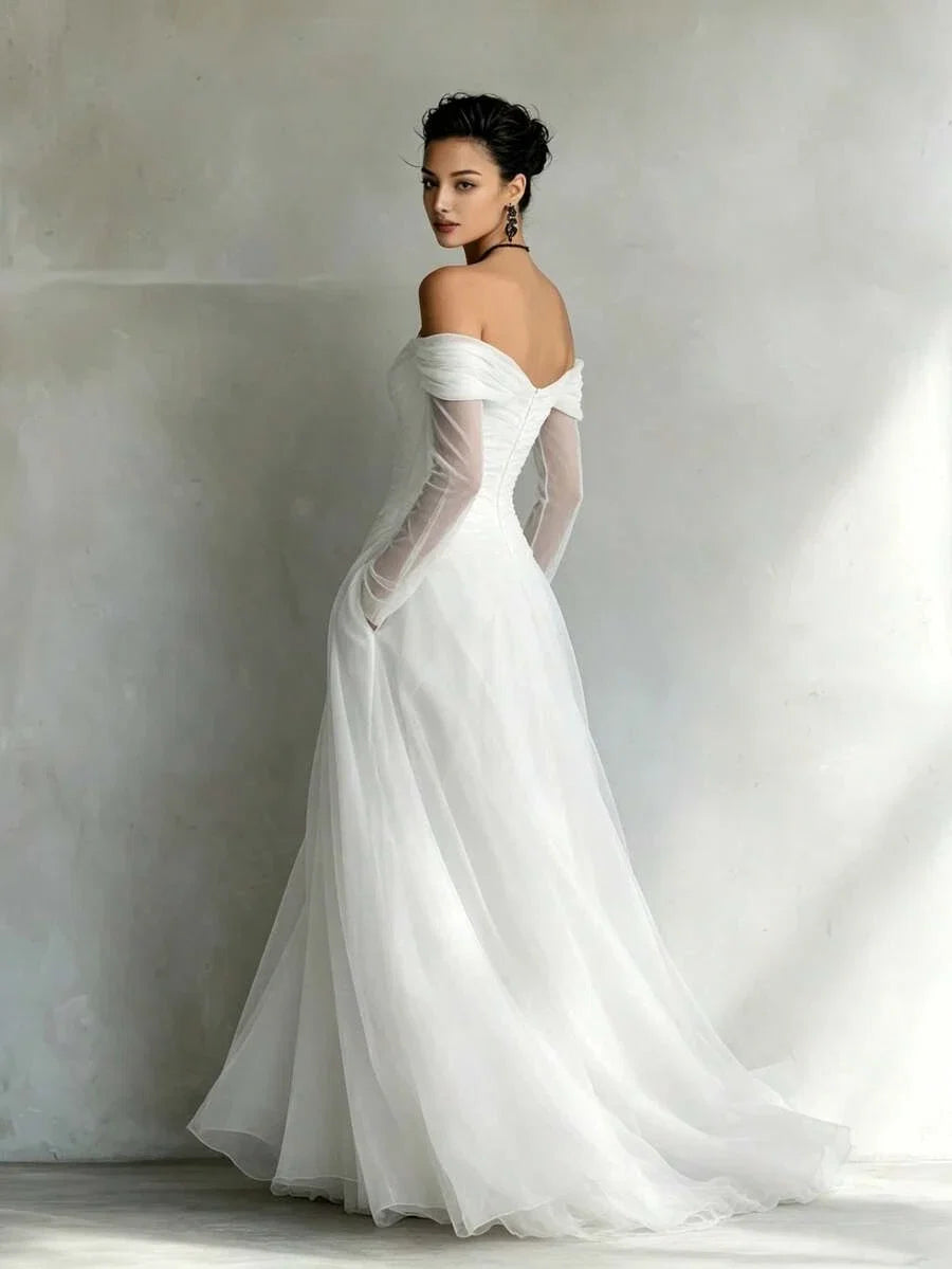 White A-Line Off-Shoulder Long Sleeves Ruched Floor-Length Prom Dress