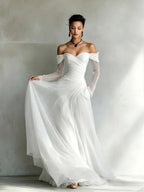 White A-Line Off-Shoulder Long Sleeves Ruched Floor-Length Prom Dress