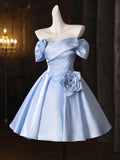 Light Blue A-Line Off-Shoulder Puffy Sleeve 3D Floral Light Short Homecoming Dress