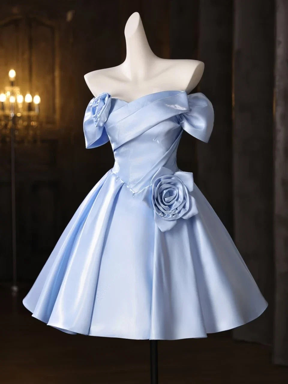 Light Blue A-Line Off-Shoulder Puffy Sleeve 3D Floral Light Short Homecoming Dress