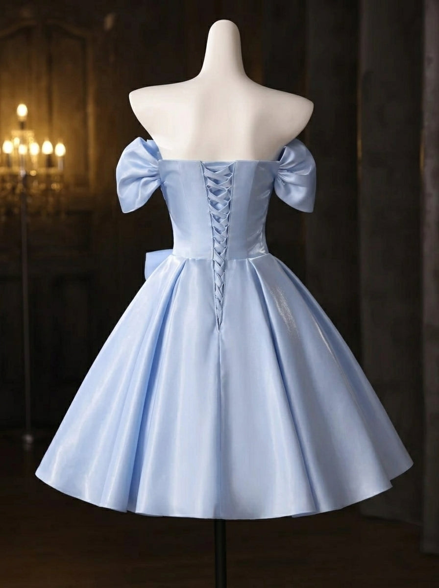 Light Blue A-Line Off-Shoulder Puffy Sleeve 3D Floral Light Short Homecoming Dress