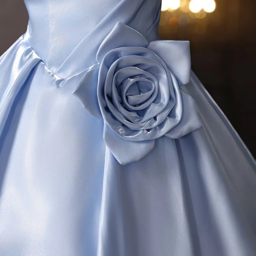 Light Blue A-Line Off-Shoulder Puffy Sleeve 3D Floral Light Short Homecoming Dress