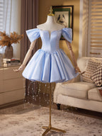 Light Blue A-Line Off-Shoulder Puffy Sleeves Beaded Light Short Homecoming Dress