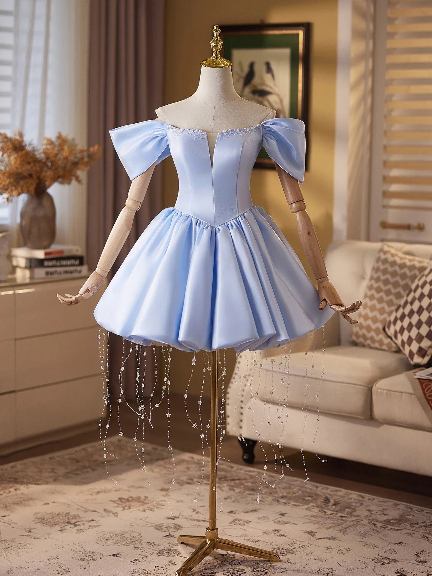 Light Blue A-Line Off-Shoulder Puffy Sleeves Beaded Light Short Homecoming Dress