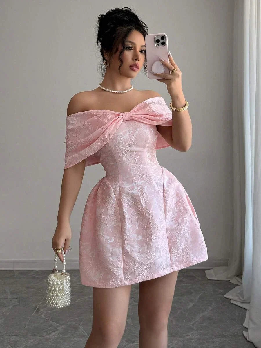 Pink A-Line Off-Shoulder Short Sleeve Bow Detail Mini Homecoming Dress
