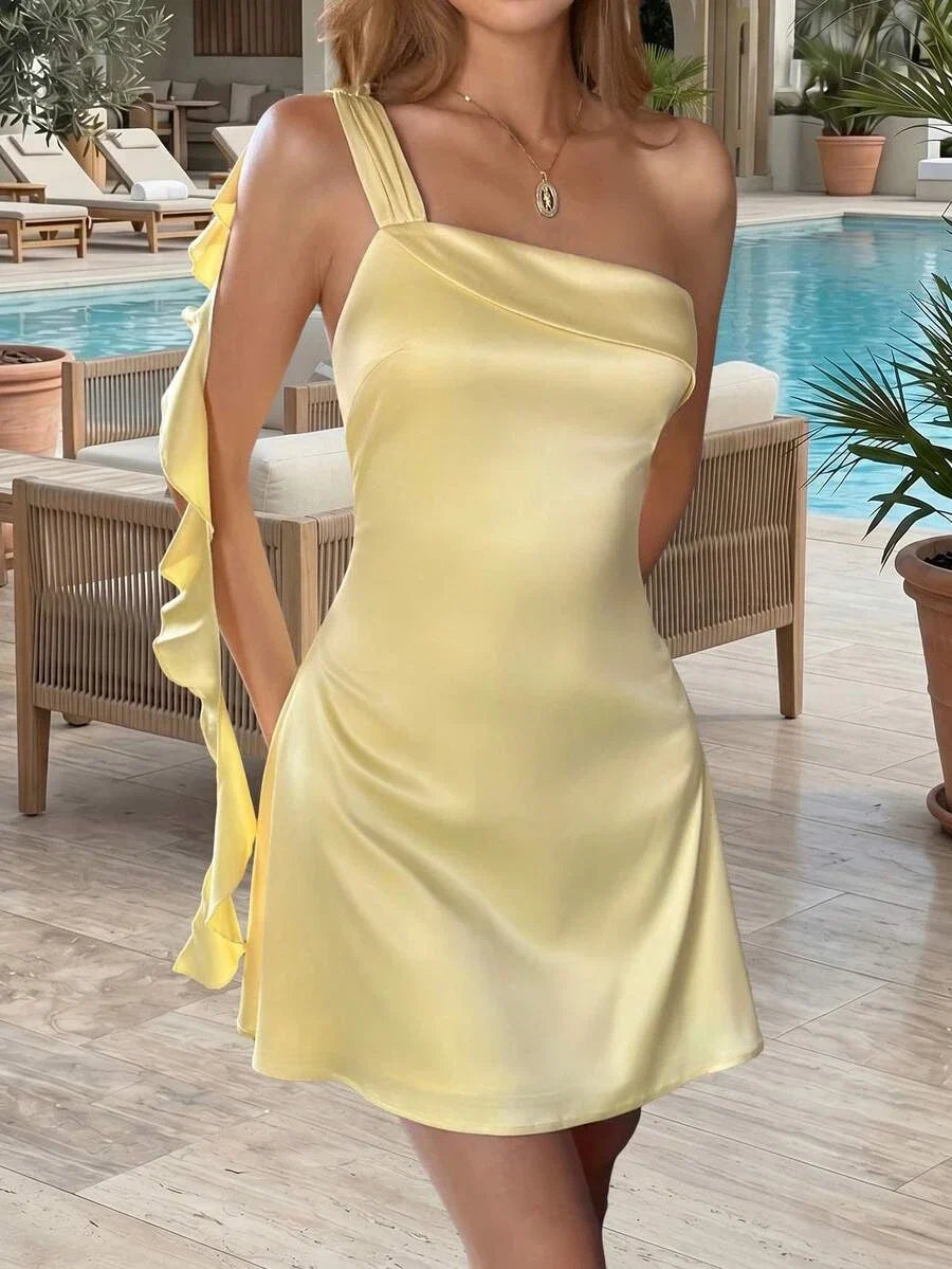 Yellow A-Line One-Shoulder Ruffle Light Mini Homecoming Dress