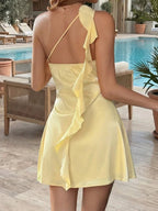 Yellow A-Line One-Shoulder Ruffle Light Mini Homecoming Dress