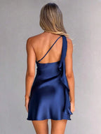 Navy Blue One-Shoulder Draped A-Line Mini Homecoming Dress