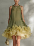 Green A-Line Round Neck Ruffled Two-Tone Olive Mini Homecoming Dress