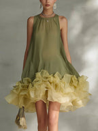 Green A-Line Round Neck Ruffled Two-Tone Olive Mini Homecoming Dress