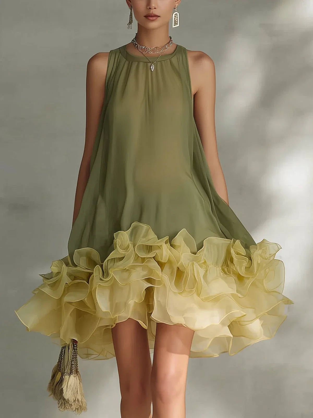 Green A-Line Round Neck Ruffled Two-Tone Olive Mini Homecoming Dress