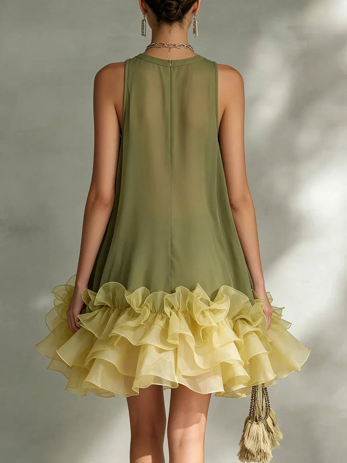Green A-Line Round Neck Ruffled Two-Tone Olive Mini Homecoming Dress