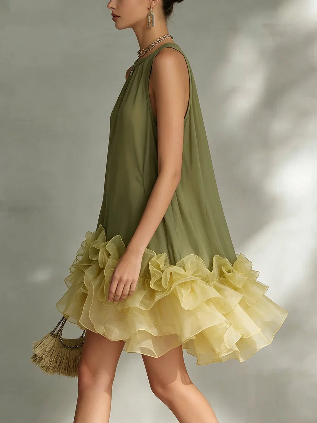 Green A-Line Round Neck Ruffled Two-Tone Olive Mini Homecoming Dress