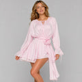 Pink A-Line Scoop Neck Long Sleeve Ruffled Tie Pink Mini Homecoming Dresses