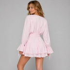 Pink A-Line Scoop Neck Long Sleeve Ruffled Tie Pink Mini Homecoming Dresses