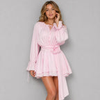Pink A-Line Scoop Neck Long Sleeve Ruffled Tie Pink Mini Homecoming Dresses