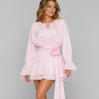 Pink A-Line Scoop Neck Long Sleeve Ruffled Tie Pink Mini Homecoming Dresses