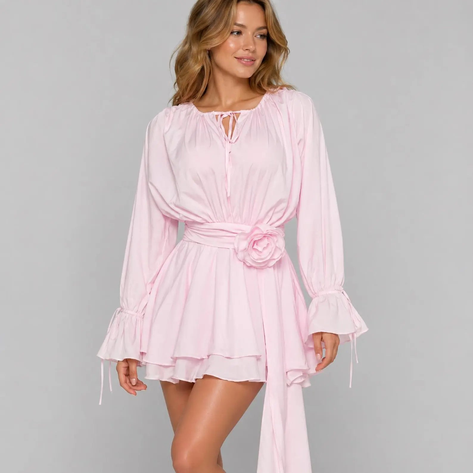 Pink A-Line Scoop Neck Long Sleeve Ruffled Tie Pink Mini Homecoming Dresses