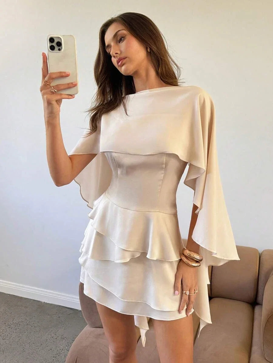 A-Line Spaghetti Straps Cape Ruffled Champagne Mini Homecoming Dress