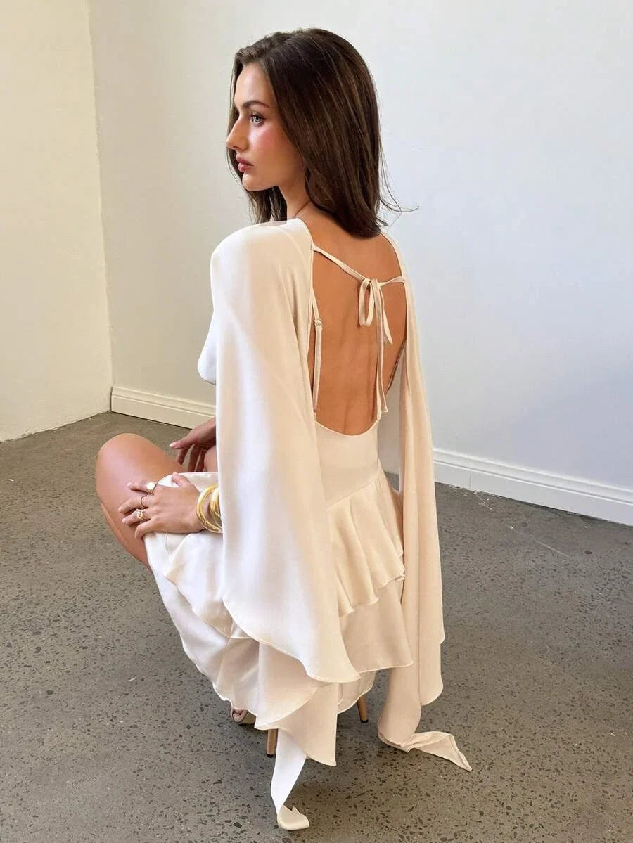 A-Line Spaghetti Straps Cape Ruffled Champagne Mini Homecoming Dress