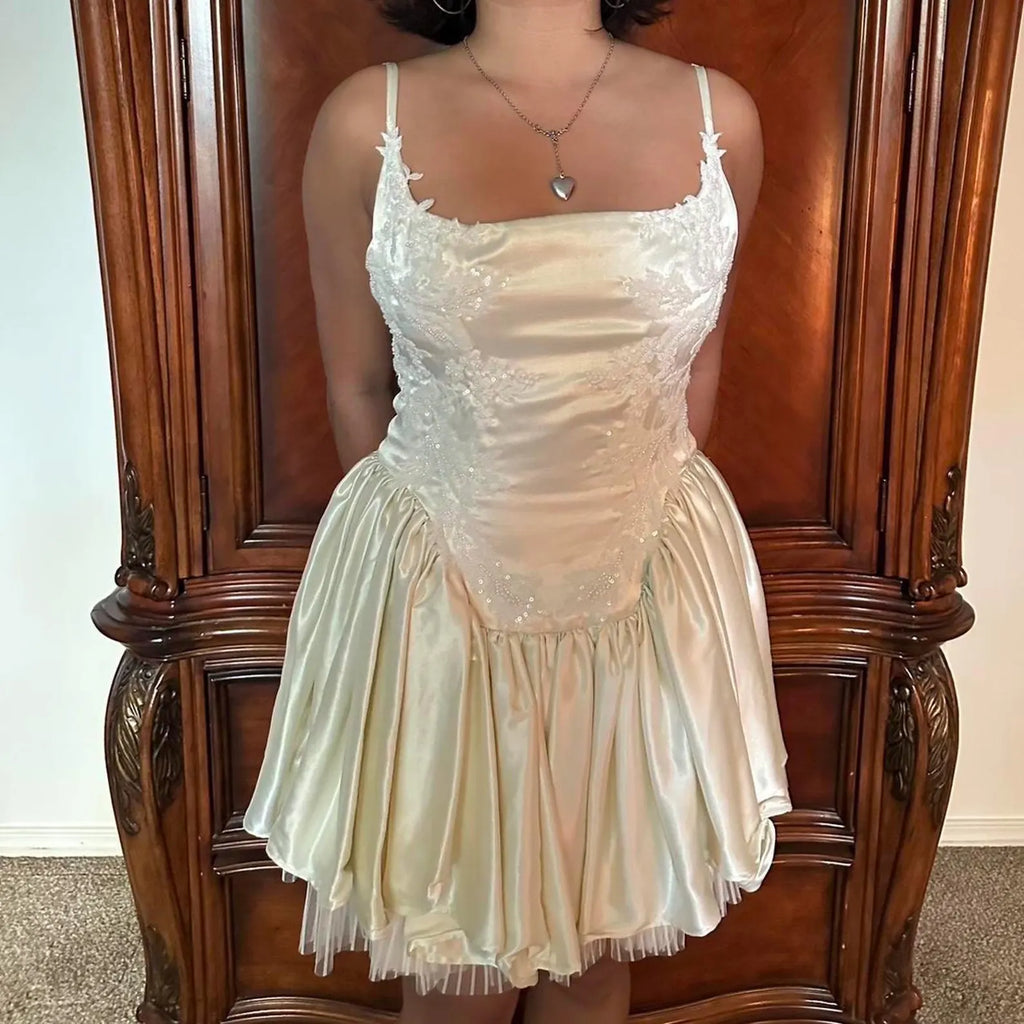 Ivory A-Line Spaghetti Straps Embroide Shimmering Ivory Short Homecoming Dresses