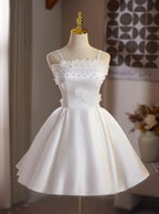 White A-Line Spaghetti Straps Floral Pearl Short Homecoming Dresses